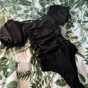 forever 21 ruched detailing cap sleeve bodysuit with lace-up back